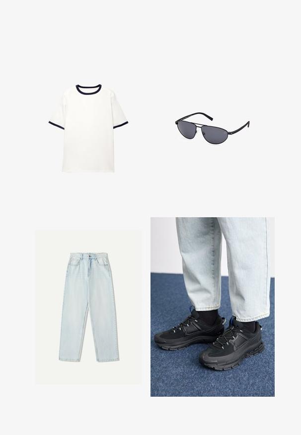 Hvid T-shirt med en rund marineblå krave og marineblå detaljer på de korte ærmer; lavet af blødt, glat stof med en afslappet pasform.; Lys blå denim jeans med en afslappet pasform, lige ben design, fem-lomme stil og subtil falmning på stoffet.; Sorte træningssko med tekstureret stof og gummisåler, udstyret med elastiske snørebånd og en blå detalje på hælen. Bæres med lyse denimbukser.; Sorte aviator solbriller med grå linser, tynde metalrammer, buet form og silikone næsepuder for komfort.