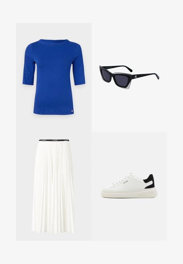 Sinine, kehaümber käiv särk kolmeveerandpikkade varrukatega ja ümmarguse kaelusega. Pehme kangas, millel on sile tekstuur. Omab heleroheline logo hemil.; Kurtitudega valge seelik musta elastse vööga, millel on "LACOSTE" logo. Keskmise pikkusega disain pehme tekstuuriga.; Valged nahast tennisetossud paksu valge tallaga, musta sametist kontsakeeuga ja külje peal riigilogo reljeefne kujundus. Lukkeskeem kuue silmaauguga.; Mustad suured mustad prillid geomeetrilise kujuga, tumedate läätsedega ja kontrastse halli detailiga raamidel. Logo käe peal.