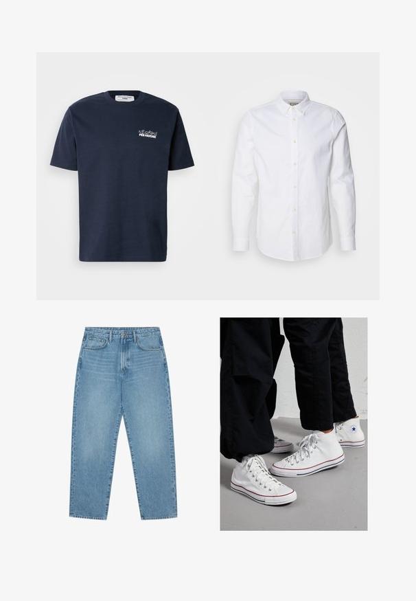 Navy blue cotton t-shirt with short sleeves, round neck, features white embroidered text "Negroni per favore" on the left chest area.; White long-sleeve button-up shirt made of cotton, featuring a structured collar, subtle logo embroidery, and light tan buttons.; Light blue denim wide-leg jeans with a high waist, featuring five pockets, belt loops, and a soft, slightly faded texture.; White canvas high-top sneakers with a rubber sole, featuring silver eyelets and red and navy stripes along the sole.