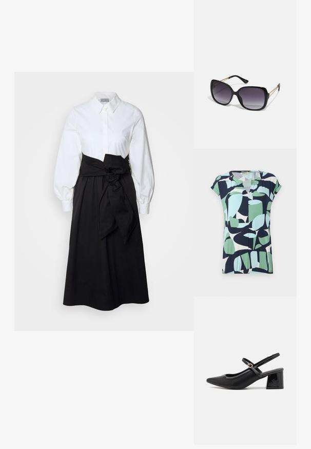 Short-sleeve, v-neck top in navy, mint green, and light blue with abstract geometric patterns and a gathered detail at the hem.; White button-up top with long puff sleeves, paired with a black skirt and fabric belt tied at the waist, made from smooth cotton material.; Black patent leather slingback heels with a pointed toe, a rounded cutout design, and a block heel. Features a gold-tone buckle accent.; Black oversized sunglasses with gradient lenses, thick frames, and gold-tone chain detailing on the temple arms.; Black tote bag made of synthetic material, featuring simple rectangular design, gold square accents, and double handles.