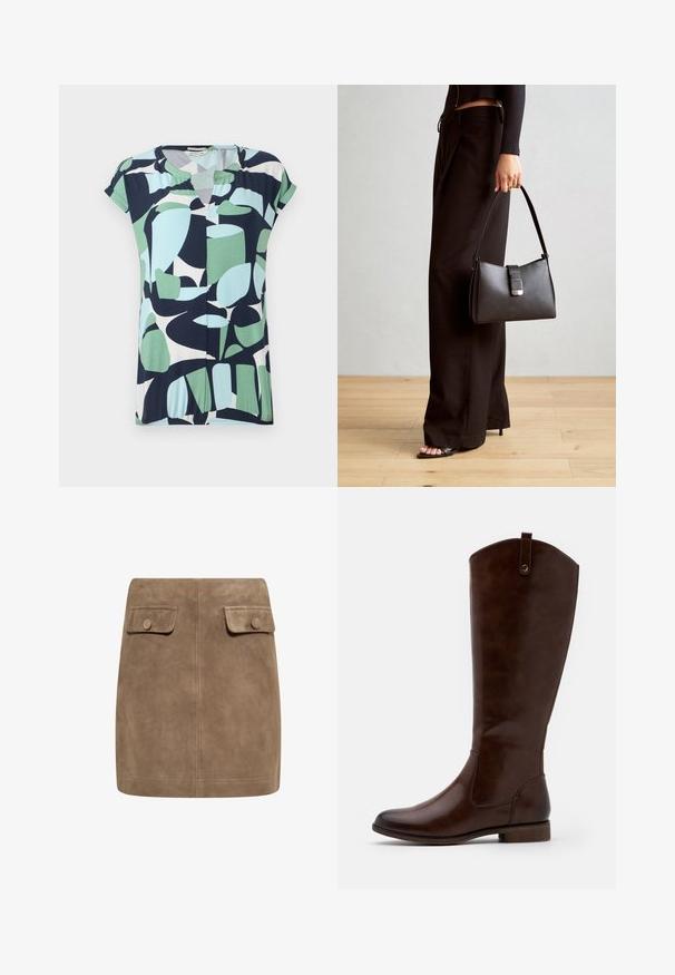 Korte mouwen, V-hals top in marineblauw, muntgroen en lichtblauw met abstracte geometrische patronen en een geraffineerde detail aan de zoom.; Bruine suède mini-jurk met een gladde textuur, voorzien van twee voorflapzakken en knoopsluitingen aan elke kant. Eenvoudig, recht ontwerp.; Bruine kniehoge laarzen van soepel leer, met een ronde neus, lage gestapelde hak en een subtiel stikselpatroon langs de zijkanten.; Zwarte handtas met gestructureerde vorm, gladde textuur en een metalen sluiting. Gecombineerd met brede zwarte broeken en sandalen met open teen op een houten vloer.