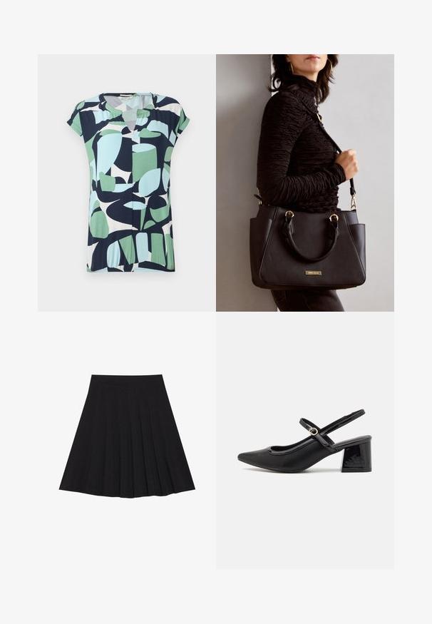 Short-sleeve, v-neck top in navy, mint green, and light blue with abstract geometric patterns and a gathered detail at the hem.; Black pleated skirt made of textured fabric with a fitted waistband. Falls to knee length, featuring a smooth, clean silhouette.; Black patent leather slingback heels with a pointed toe, a rounded cutout design, and a block heel. Features a gold-tone buckle accent.; Black handbag with textured surface, dual top handles, and adjustable shoulder strap. Features gold-tone hardware and side pockets.