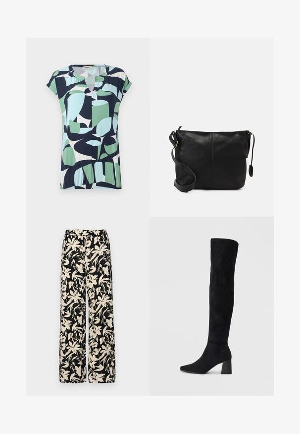 Kortærmet, v-udskåret top i navy, mintgrøn og lyseblå med abstrakte geometriske mønstre og en samling detalje ved kanten.; Sorte vide bukser med et mønster af cremefarvede blomster. Lavet af letvægtsstof, som har en glat tekstur og en høj talje.; Sorte ruskind støvler i knæhøjde med blokheel, spids tå og glat, sømløs design på en enkel lys baggrund.; Sort læder crossbody taske med flad form, guld hardware detaljer og justerbar skulderrem. Glat tekstur med minimale syninger.