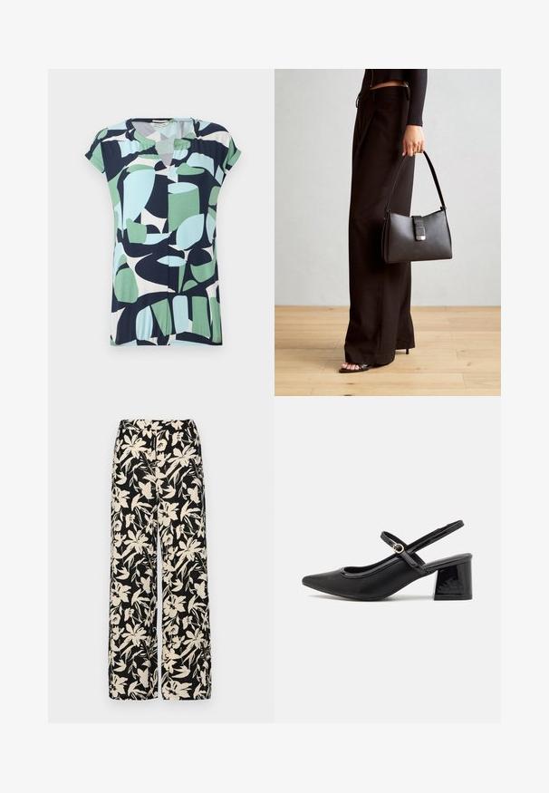 Kopšlīmeņa, ar V veida kakla izgriezumu, tops jūras zilā, piparmētru zaļā un gaiši zilā krāsā ar abstraktiem ģeometriskiem rakstiem un savilkumu apakšmalā.; Melni platie bikses ar krēmkrāsas ziedu rakstu. Izgatavotas no viegla auduma, kuram ir gluda tekstūra un augsta jostasvietas daļa.; Melns patentēts ādas sandales ar norādīta pirksta formu, noapaļotu izgriezuma dizainu un bloķētu papēdi. Iezīmēta ar zelta toņa sprādzi.; Melnā somiņa ar strukturētu formu, gludu tekstūru un metālu sprādzi. Saskaņota ar platām melnām biksēm un sandālēm ar atvērtu purngalu uz koka grīdas.