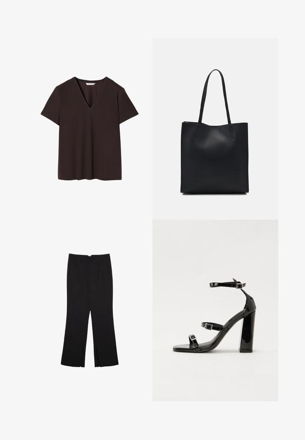 Dark brown t-shirt made of soft fabric, featuring a deep V-neck, short sleeves, and straight hem with subtle stitching details.; Black trousers with a straight fit, featuring front pockets and side slits at the hem. Made of soft, smooth fabric. Suitable for various occasions.; Black patent heeled sandals with a square toe, ankle straps, and silver buckles. Features a chunky block heel for stability.; Black leather tote bag with smooth texture, rectangular shape, and two long handles. No visible hardware or embellishments.