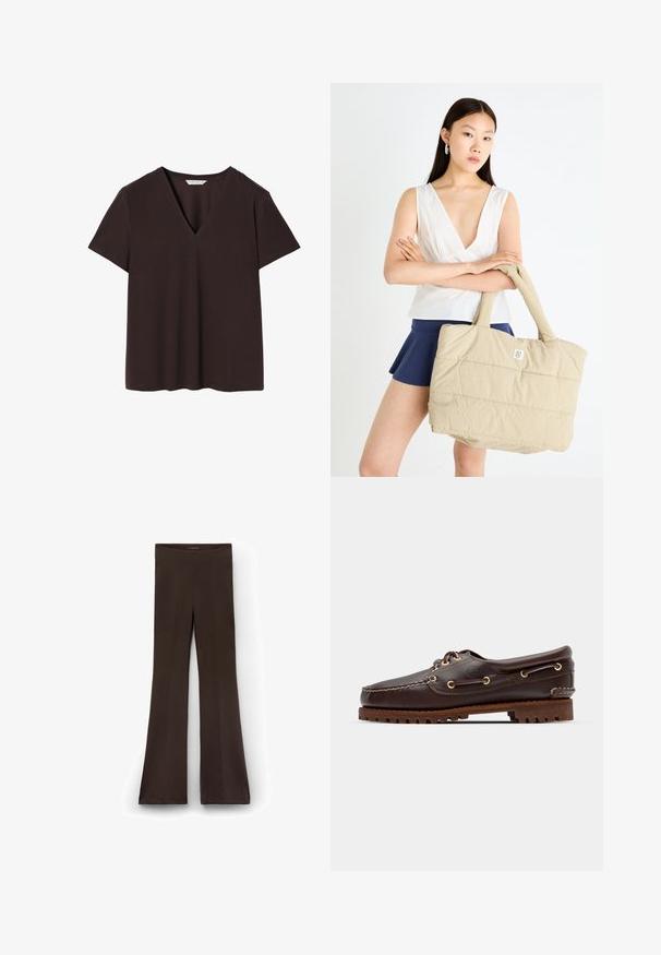 Ciemnobrązowy t-shirt wykonany z miękkiego materiału, z głębokim dekoltem w serek, krótkimi rękawami i prostym dołem z delikatnymi detalami w szwie.; Brązowe spodnie dzwony wykonane z elastycznego materiału z wysokim stanem. Gładka tekstura z przeszyciami biegnącymi wzdłuż nogawek.; Brązowe skórzane buty w stylu boat shoe z złotymi oczkami, okrągłymi sznurowadłami oraz teksturowaną brązową gumową podeszwą. Zawierają przeszycia i wypukłe logo.; Beżowa pikowana torba na ramię z wyściełanym wykończeniem i solidnymi uchwytami, z małym logo z przodu. Model nosi białą bluzkę i granatową spódnicę.