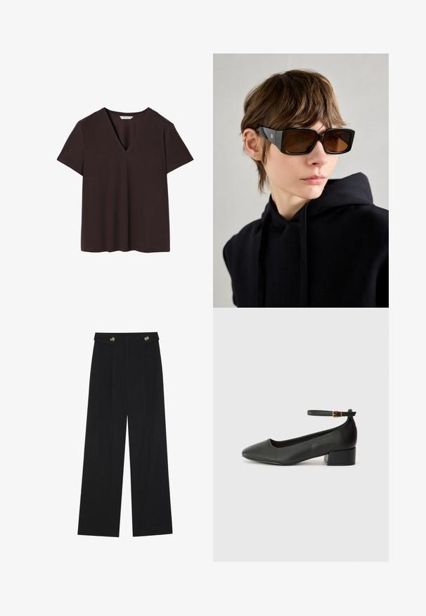 Tamno smeđa majica od mekanog materijala, s dubokim V izrezom, kratkim rukavima i ravnim donjim rubom s suptilnim detaljima šivanja.; Crne hlače širokih nogavica s visokim strukom, s dugmadi na pojasu i prednjim nabora.; Crne kožne pumpe s oštrim vrhom i niskom blok petom. Sadrže remen oko gležnja s zlatnim kopčanjem. Glatka tekstura.; Crne oversize sunčane naočale s sjajnom završnom obradom, pravokutnog oblika, smeškim staklima i zlatnim logotipom na ručkama.; Crna kožna torba s poklopcem, srebrnim dodacima, dva prednja džepa, kontrastnim šavovima i odvojivom naramenicom.