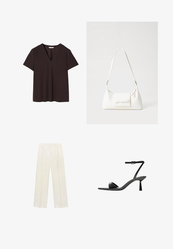 Dark brown t-shirt made of soft fabric, featuring a deep V-neck, short sleeves, and straight hem with subtle stitching details.; Wide-legged trousers in a light cream color. Made from a smooth fabric with pleats at the front and side pockets.; Bershka High heeled sandals - black; White synthetic handbag with a triangular shape, flat front flap and bow detail, adjustable strap, smooth texture, and minimalistic design.