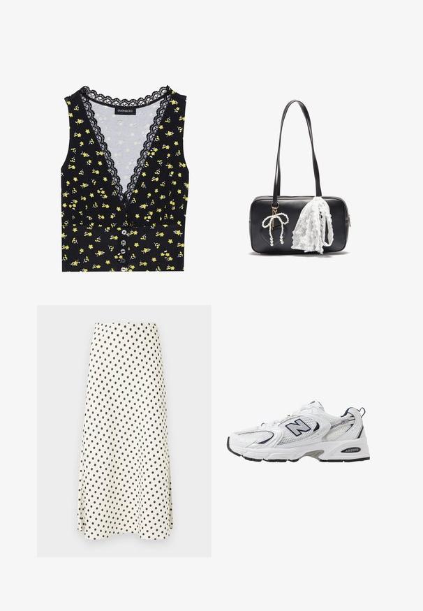 Czarna bluzka z żółtym kwiatowym wzorem, koronkowym wykończeniem dekoltu, z zapięciem na guziki z przodu i dopasowanym krojem. Miękka tkanina z lekkim streczem.; Biały prążkowany crop top z regulowanymi ramiączkami spaghetti, z przodu wiązany oraz z falbaniastym wykończeniem. Miękka tekstura i dopasowany krój.; Spódnica do kolan wykonana z lekkiego materiału, z kremowym tłem i czarnymi kropkami, w rozkloszowanym kroju.; Białe sportowe buty z siateczkową cholewką, granatowymi akcentami i wyściełaną podeszwą. Posiadają logo "N", sznurówki oraz teksturowany detal po boku.; Even&Odd - Torebka