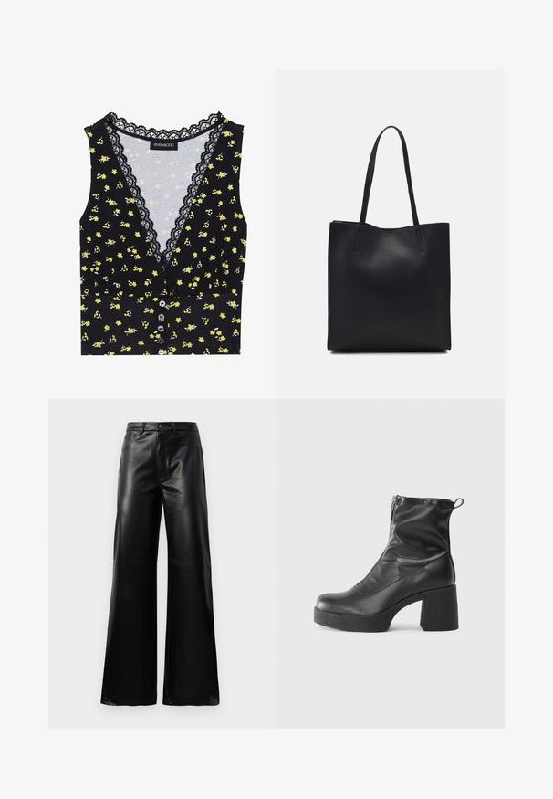 Top negru cu un model floral galben, dantelă la gât, închidere cu butoni și un design ajustat. Material moale cu ușor elastic.; Pantaloni negri cu talie înaltă, largi, din piele sintetică, cu nasture frontal, închidere cu fermoar, bucle pentru centură și buzunare laterale pe fundal alb.; Bocanci negri de glezna din piele netedă, cu fermoar lateral, toc texturat și masiv, și design cu vârf rotund.; Geantă tote neagră din piele, cu textură netedă, formă rectangulară și două mânere lungi. Fără hardware vizibil sau ornamente.