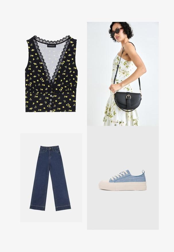 Mustristi mustreeritud must topp, millel on kollased lillemustrid, pitsääris kaeluses, nööbid ees ja keha lähedane disain. Pehme kuma kergelt veniv materjal.; Laiad püksid tumedast sinisest denimist. Omab viit taskut, vöölõke ja toore äärega allosas, kus on nähtavad õmblused.; Heledad sinised kangast tennisekingad koorevärvi kummist varbakatte ja taldaga, millel on valged paelad ja tõmblukk kandadel.; Mustmust mustraha kõverate joontega, eemaldatava rihmaga ja kuldsete detailidega. Kotil on klapp, millel on pandladetail.