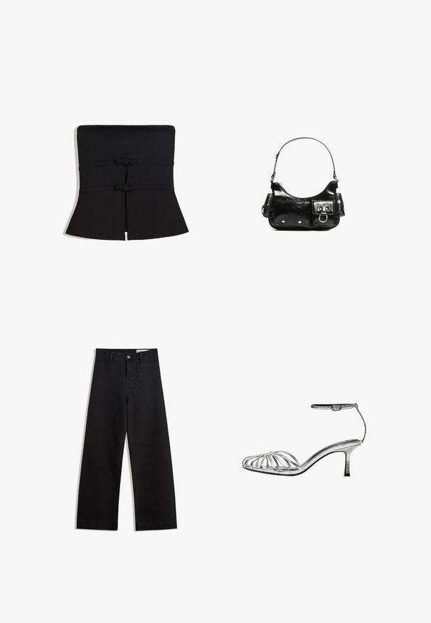 Fekete anyagú pánt nélküli felső, boleró szegéllyel, amelyen két megkötött dísz található a derékon, és sima, rugalmas anyagú.; Fekete, bő szabású farmernadrág magas derékkal, elülső és hátsó zsebekkel, varrott felületekkel és gombos záródással. Sima textúra.; Ezüst szandál, alacsony sarokkal, több keresztbe fűzött pánttal, bokapánttal csattal, sima, fényes felülettel.; Fekete lakkbőr kézitáska ívelt formával, egy vállpánttal, elülső zsebekkel és ezüstszínű fémrészletekkel.