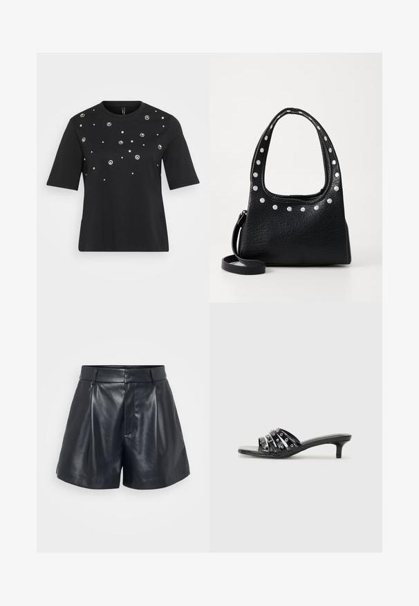 Sort kortærmet t-shirt lavet af bomuld, med cirkulære sølvdekorationer arrangeret i et spredt mønster på forsiden.; Sorte lædershorts med en glat tekstur, skræddersyet design, plisseret front og bæltestropper; har en skjult lynlås lomme på siden.; Sorte hælede sandaler med flere glossy stropper og metalliske accenter, med en spids tå og beskedne kittenhæle. Glat tekstur.; Sort struktureret lædertaske med sølvnitter langs den øverste kant og håndtagene, der har et kort håndtag og en aftagelig strop.