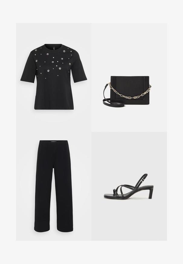 Camiseta de manga corta negra hecha de algodón, que presenta adornos plateados circulares dispuestos en un patrón disperso en la parte frontal.; Pantalones negros de pierna ancha con una cintura elástica. Fabricados con un material texturizado, presentan un corte suelto y recto desde las caderas hasta el dobladillo.; Sandalia negra de tiras con punta cuadrada y tacón bajo de bloque. Presenta múltiples tiras delgadas y una correa ajustable en el tobillo. Fabricada en cuero suave.; Bolso cruzado de piel negra con textura suave, forma rectangular y un detalle de cadena metálica en el frente. Incluye una correa ajustable.