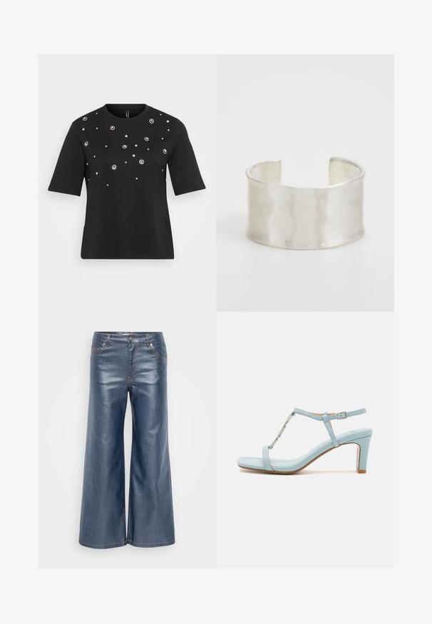 Sort kortærmet t-shirt lavet af bomuld, med cirkulære sølvdekorationer arrangeret i et spredt mønster på forsiden.; Bredde denimbukser i mørkeblå, med en glat tekstur, fem-lomme-design og kontrasterende syninger. Lukkes med knap og lynlås foran.; Lys blå ankelrem højhælet sandal med firkantet tådesign, der har en metallisk accent og en glat, elegant lædertekstur.; Zign Armbånd - silver-coloured
