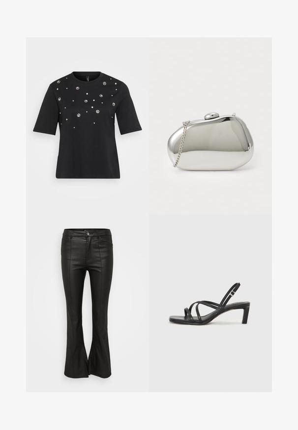Black short-sleeve t-shirt made of cotton, featuring circular silver embellishments arranged in a scattered pattern across the front.; Black flared pants with a shiny, leather-like texture, featuring front pockets, a button closure, and side slits at the hem.; Black strappy sandal with a square toe and a low block heel. Features multiple thin straps and an adjustable ankle strap. Made of smooth leather.; Silver metal clutch with a rounded, smooth shape. Features a clasp closure and a detachable chain strap. Reflective surface with no patterns.