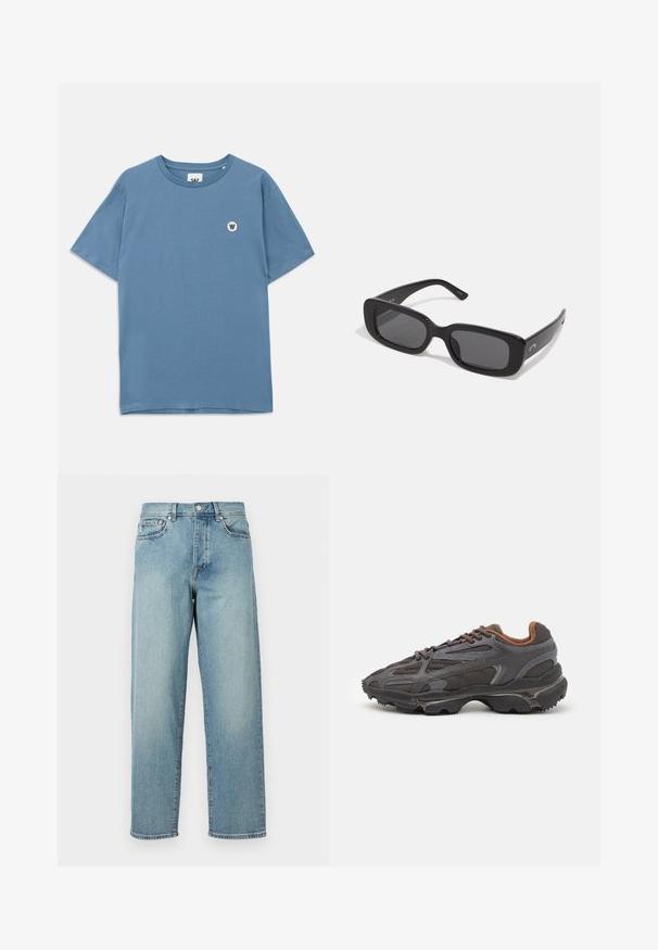 Sinine puuvillane T-särk ümmarguse kaelusega, lühikeste varrukatega ja väikese ümmarguse logoga, kus on kiri "W" vasaku rinna piirkonnas.; Heledad sinised teksad, mis on laia lõikega, sirged jalad, viie tasku disain ja nupuga kinnitamine vööl. Minimalistlik õmbluse detail.; Tumed hallid Lacoste tossud, mis on valmistatud võrkkangast ja sünteetilisest materjalist, omavad tekstureeritud talla ning pruune aktsente kaeluse ja brändingu juures.; Mustad mustad päikeseprillid tumedate läätsedega, siledast plastikust raamiga ja laiad käed. Nüansiline brändimine küljel.