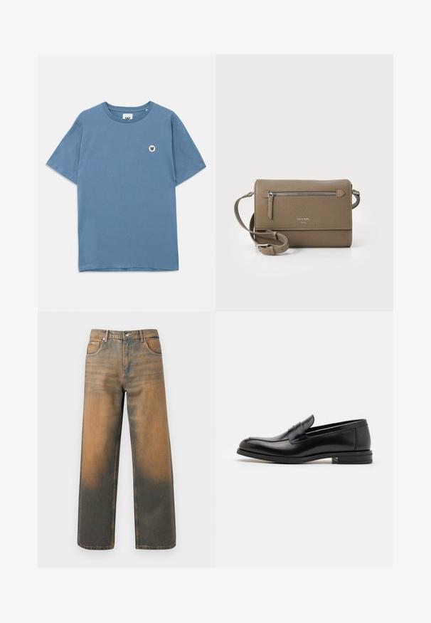 Blue cotton t-shirt with a round neckline, short sleeves, and a small round logo featuring a "W" on the left chest area.; Wide-leg jeans in distressed blue and brown denim. Features a high waist, front pockets, and a classic button closure with metallic accents.; Black leather loafers with a smooth texture, rounded toe, and a decorative strap across the vamp. Low stacked heel, minimalist design.; Taupe leather crossbody bag with a zippered front pocket, adjustable strap, pebble texture, and embossed logo on the front.
