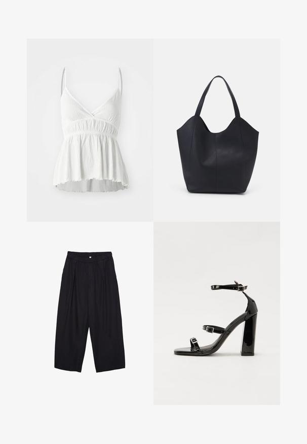 Witte mouwloze top met een V-halslijn, textuurstof en gathered taille. Kenmerkt een uitlopende zoom en dunne verstelbare bandjes.; Zwarte polyester culottes met een elastische tailleband, twee voorkreukels en een losse pasvorm. Geen zichtbare patronen of hardware-details.; Zwarte gepatenteerde sandalen met hak en een vierkante neus, enkelbandjes en zilveren gespen. Heeft een stevige blokhak voor stabiliteit.; Zwarte tote tas van glad leer, met een gebogen, open bovenkant en twee schouderbanden, en een minimalistisch ontwerp.
