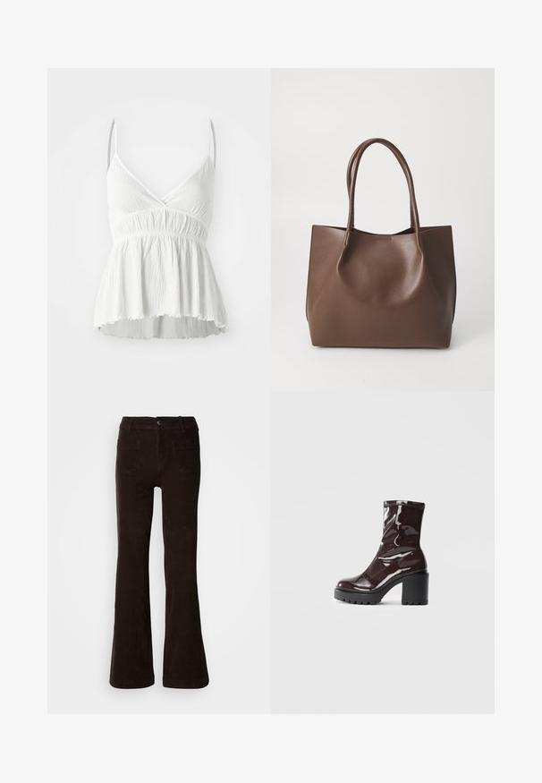 White sleeveless top with a V-neckline, textured fabric, and gathered waist. Features a flared hem and thin adjustable straps.; Brown corduroy flared pants with a textured finish, featuring a front button closure, belt loops, and two back pockets.; Glossy burgundy ankle boot with a chunky black heel, featuring a smooth texture and simple design. No visible fastenings or patterns.; Brown leather tote bag with two long handles, structured shape, smooth texture, and minimalistic design. No visible hardware or accents.