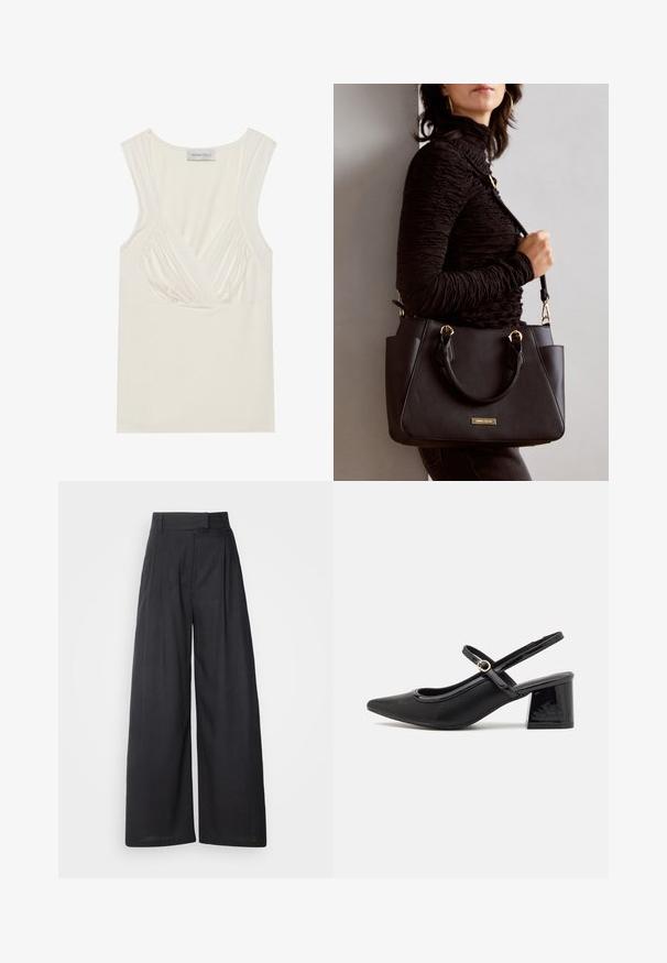 Cremefarvet ærmeløs top med V-hals og sammensyning på siderne, lavet af blødt, strækbart materiale. Tagget siger "ANNA FIELD."; Mørke, vide bukser med en struktureret talje og læg. Fremstillet af letvægtsstof, der har en glat tekstur og ingen synlige mønstre.; Sorte patentlæder slingback hæle med spids tå, rund udskæring og blokhæl. Har en guldtonet spændeaccents.; Sort håndtaske med struktureret overflade, dobbelt topbærere og justerbar skulderrem. Udstyret med guldfarvet metalhardware og sidelommer.