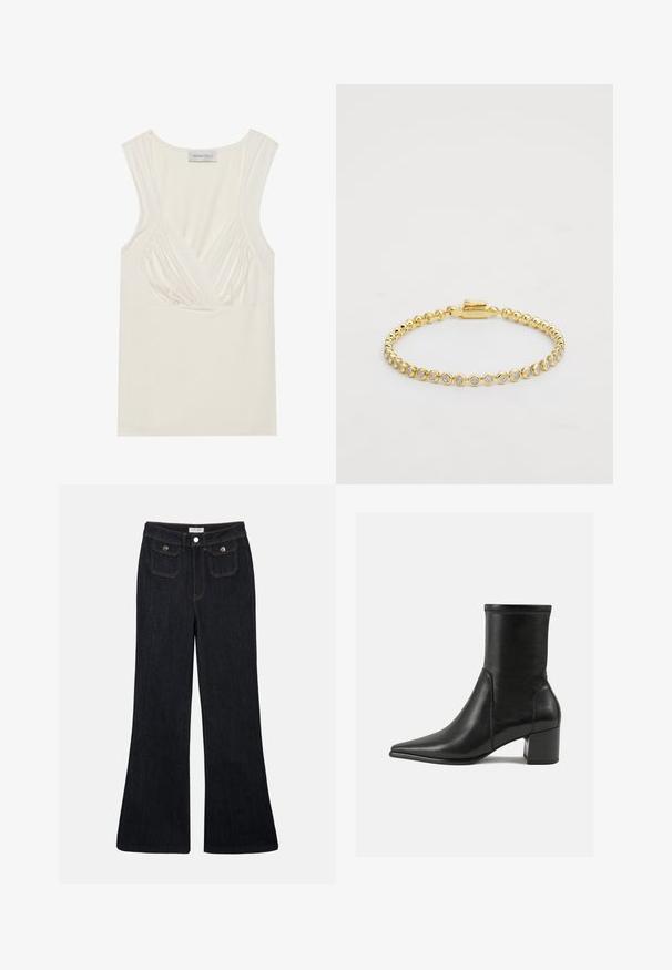 Top senza maniche di colore crema con scollatura a V e dettagli arricciati ai lati, realizzato in materiale morbido ed elasticizzato. Etichetta con scritto "ANNA FIELD."; Jeans in denim scuro a gamba svasata con vita alta, due tasche frontali e cuciture arancioni. Il materiale appare robusto e morbido.; Stivale alla caviglia nero in pelle liscia, con punta appuntita, tacco a blocco e cuciture raccolte distintive lungo il bordo superiore.; Bracciale in metallo dorato con strass trasparenti tondi disposti in un motivo uniforme, dotato di chiusura a scatto su un lato. Texture liscia e finitura lucida.