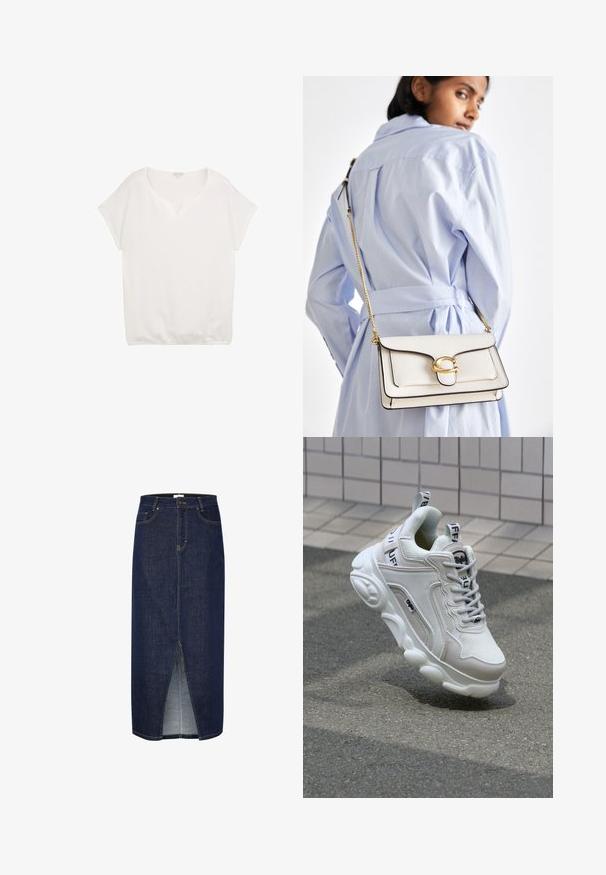 Top blanco de manga corta con escote en V, tejido texturizado, corte relajado y detalle en el dobladillo elástico, adecuado para uso casual.; Falda lápiz de mezclilla en azul oscuro con una abertura frontal, con costuras amarillas y un diseño clásico de cinco bolsillos. Cierre con cremallera en la parte posterior.; Zapatilla blanca con materiales de malla y cuero, puntera redondeada, suela gruesa, cintas prominentes y logo en el talón y la lengüeta.; Bolso de cuero blanco con herrajes dorados, una solapa en la parte frontal y borde negro, con una cadena que se lleva cruzado sobre una camisa de color azul claro.