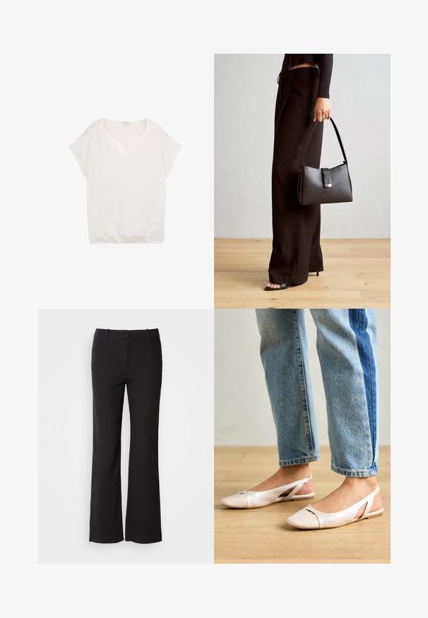 Bela kratka majica s kratkimi rokavi, V-izrezom, teksturo tkanine, sproščenim krojem in elastičnim zaključkom, primerna za vsakodnevno nošenje.; Črne hlače iz bombažne mešanice s ravnim krojem, sprednim gumbom in dvema stranskima žepoma. Gladek teksturiran material, brez vidnih vzorcev.; Svijetloružičaste slingback balerinke s šiljastim nožnim prstima, napravljene od glatkog materijala nalik koži. Imaju izrezane detalje sa strane i ravne pete.; Črna torbica z strukturirano obliko, gladko teksturo in kovinskim zaponko. Ujemajo se z širokimi črnimi hlačami in odprtimi sandali na lesenem tleh.