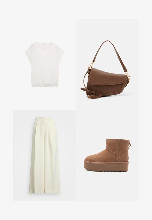 Bela kratka majica s kratkimi rokavi, V-izrezom, teksturo tkanine, sproščenim krojem in elastičnim zaključkom, primerna za vsakodnevno nošenje.; Hlače širokih nogavic iz ofsajd belega blaga, z visokim pasom, dvema plisama in gumbnim zapiranjem. Gladka tekstura in krojen design.; Bela antilopova gležnjača s platformom, okruglim vrhom i dekorativnim šavovima; ima uvučenu petlju straga za lakše oblačenje.; Brah zlatna usnjena torba za rame z teksturirano površino, ukrivljeno obliko, zlatim okovjem, nastavljivim trakom in pokrovom.