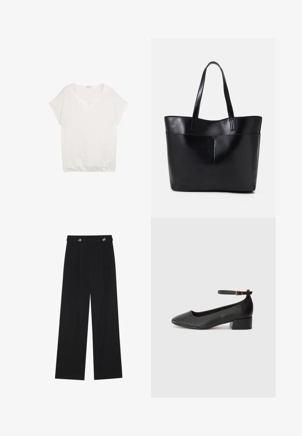 Valge lühikeste varrukatega topp V-kaelusega, tekstuurse kanga ja lõdva silueti ning elastse servaga, sobilik igapäevaseks kandmiseks.; Mustad laiad püksid kõrge vöökoha ja nööpdetailidega vööandil, esikortsudega.; Must mustaapp, millel on terav nina ja madal blokk-kand. Omab pahkluu rihma koos kuldse tooni pandlaga. Sile tekstuur.; Must mustaga musta nahast, millel on kaks pikka kanda, sile tekstuur ja struktureeritud kuju. Esipoolsel on lisakoti jaoks tasku.