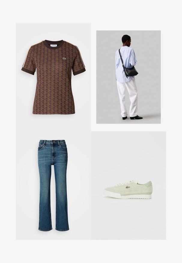 Brahms īsām T-kreklu ar īsām piedurknēm, kas rotāts ar ģeometrisku rakstu tumšāk brūnā tonī, ribināts apļveida kakla izgriezums un kontrastējošas plecu lentes. Ir redzams Lacoste logo.; Augsta vidukļa zilie dūmu džinsi, kas izgatavoti no džinsa auduma, ar taisnu kāju dizainu, vieglu izbalējumu un standarta pogu un rāvējslēdzēja aizdari.; Gaiši zaļi zamša apavi ar baltu zoli un šņorēm, zemu augstumu, ar mazu metāla logo sānos.; Melna ādas plecu soma ar mīkstu tekstūru, trīsstūra formu un regulējamu siksnu, apvienota ar gaiši zilu svītrotu krekli un baltām biksēm.