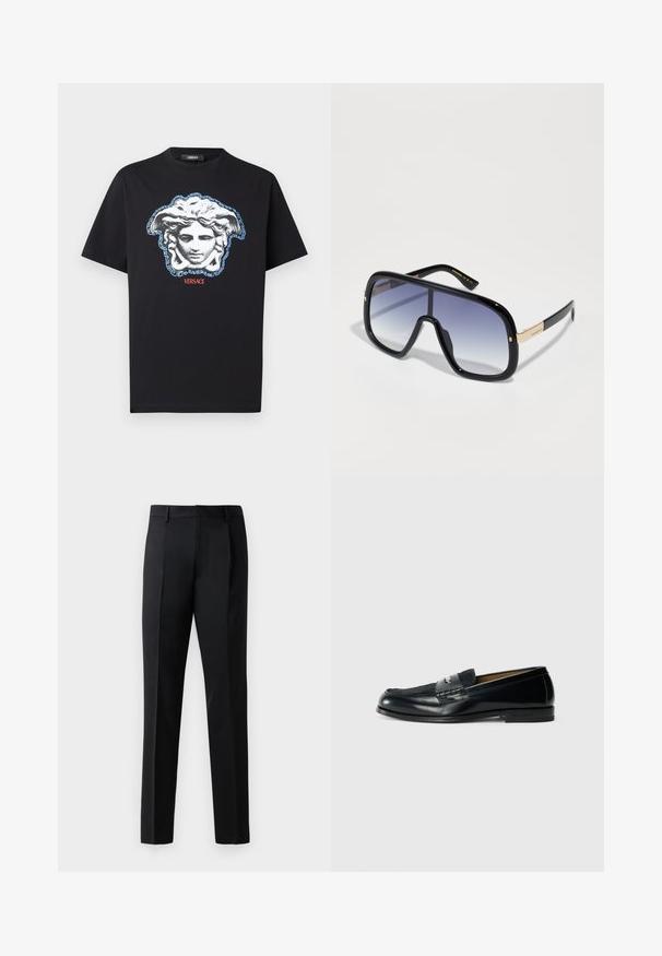 Tricou negru din bumbac, cu un grafic proeminent al capului Meduza în gri și albastru, cu un model cheie grecească și textul "VERSACE" în roșu.; Pantaloni formali negri, confecționați dintr-un material neted, cu un design cu picior drept, pliuri frontale și talie standard fără aplicații.; Mocasini negri din piele cu superior texturat, accent împletit și finisaj neted. Toc jos și design minimalistic.; Ochelari de soare supradimensionați, de culoare neagră, cu lentile gradient în nuanțe de violet, finisaj lucios și accente aurii pe brad. Formă rectangulară a ramei.