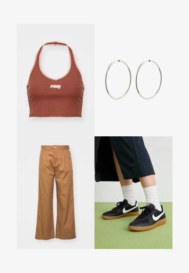 Top corto marrone a coste con design a collo halter, rifiniture in rosa chiaro a contrasto e logo "ruby" ricamato in bianco sulla parte anteriore.; Pantaloni larghi color marrone chiaro realizzati in un tessuto texturizzato, con pieghe frontali e una chiusura a pulsante singolo in vita.; Sneaker in pelle nera e sintetica con logo Nike bianco, suola in gomma, punta rotonda e lacci neri. Calze bianche a righe visibili.; Orecchini a cerchio in argento con una finitura liscia e lucida. Forma circolare, larghezza costante, progettati per un facile fissaggio. Semplici ed eleganti.