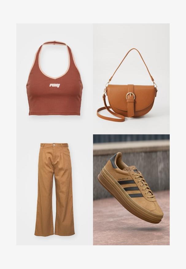 Rjav rebrast zgornji del z vrvico in svetlo roza obrobom ter izvezenim logotipom "ruby" v beli barvi na sprednji strani.; Svetlo rjave široke hlače iz teksturiranega blaga, s sprednjimi gubami in enim gumbom za zapiranje v pasu.; Svetlo rjave semiš teniske z gladko teksturo, ki imajo tri temne črte, zaobljen nos in debelejši podplat s vzorčastim robom.; Rjava usnjena torbica prek telesa s ukrivljeno obliko, zlate opreme in sponko. Ima odstranljiv naramni trak.