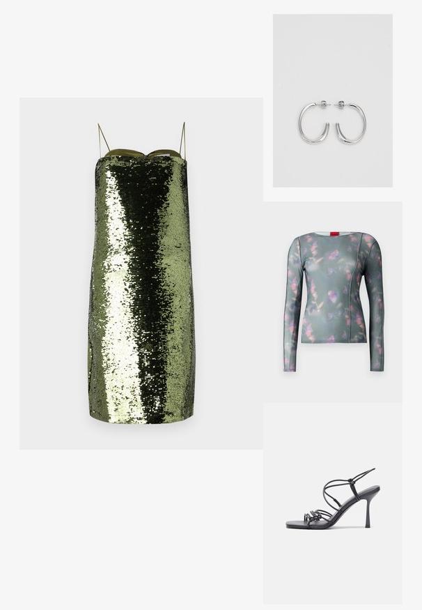 Langermige top van zachte stof met een groene basis, voorzien van een bloemenpatroon in roze en paars, gestikte naden en een ronde halslijn.; Groene sequin jurk met een rechte snit, dunne verstelbare bandjes, gekenmerkt door een reflecterende textuur en een slanke silhouet.; Zwarte hoge hakken sandaaltjes hebben dunne banden met een geknoopt ontwerp, een gladde vierkante neus en een elegante stiletto-hak.; Lichtgrijze metallic handtas met een kettingriem, versierd met kleine ronde metallic studs en een driehoekig merkimago.; Zilveren oorringen met een gladde, glanzende afwerking. Ronde vorm, lichtgewicht ontwerp, voorzien van een post-back sluiting.