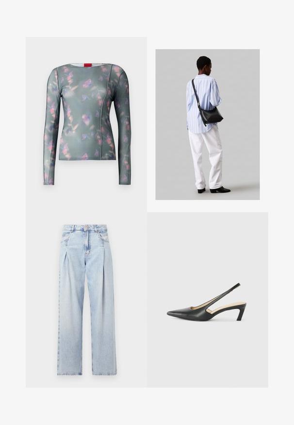 Ilgi piedurkņu krekls mīkstā audumā ar zaļu pamatni, kas rotāts ar ziedu rakstu rozā un violetā krāsā, ar šūtiem šuvēm un apaļu kakla izgriezumu.; Gaiši zilas džinsu bikses ar augstu jostasvietu, plats kāju griezumu, divām sānu kabatām un krokotā dizaina akcentiem. Mīksta tekstūra ar izdilušu apdari.; Melna, ar smailu purngalu, slingback kurpe ar zemu papēdi, izgatavota no gludas ādas materiāla un ar izgriezumiem sānos gaisa caurlaidībai.; Melna ādas plecu soma ar mīkstu tekstūru, trīsstūra formu un regulējamu siksnu, apvienota ar gaiši zilu svītrotu krekli un baltām biksēm.