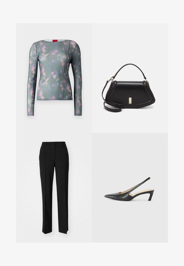 Pitkähihaista puseroa pehmeästä kankaasta, jossa on vihreä pohja, ja farkkujen lyhyet varret. Kukkapainatus vaaleanpunaisena ja purppurana, ommellut saumat ja pyöreä pääntie.; Mustat räätälöidyt housut suoraa lahjetta, joissa on sileä pinta ja terävät taitteet edessä. Ei näkyvää metalliosaa.; Musta, kärjeltään terävä slingback-kengä, jossa on matala korko. Kengässä on sileä nahkamateriaali ja sivuilla leikkaukset hengittävyyttä varten.; Mustalla nahkalaukulla, jossa on jämäkkä muotoilu, lyhyt malli, yläkahva ja kultaiset yksityiskohdat. Säädettävä olkahihna sisältyy.