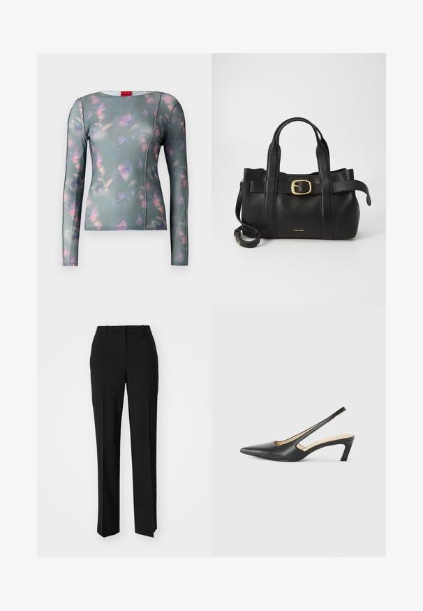 Długi rękaw bluzki wykonanej z miękkiego materiału w zielonym odcieniu, z florystycznym wzorem w różu i fioletach, z przeszyciami oraz okrągłym dekoltem.; Czarne spodnie o dopasowanym kroju z prostymi nogawkami, o gładkiej fakturze i wyraźnych zagięciach z przodu. Bez widocznych elementów metalowych.; Czarny but na obcasie typu slingback z ostro zakończonym noskiem, z niskim obcasem, wykonany z gładkiej skóry, z wycięciem po boku dla lepszej wentylacji.; Czarna skórzana torebka o zorganizowanej konstrukcji, z podwójnymi uchwytami u góry, akcentem w postaci złotego zapięcia oraz wytłoczonym logo marki z przodu.