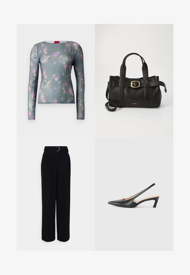 Duga majica s dugim rukavima izrađena od mekog materijala u zelenoj boji, koja ima cvjetni uzorak u ružičastoj i ljubičastoj boji, šivene šavove i okrugli izrez.; Crne klasične hlače širokog kroja, sa remenom sa srebrnom kopčom, nabranim detaljima i glatkim tekstilom.; Crne cipele s izduženim vrhom i remenom oko pete, s niskom petom, izrađene od glatke kože i s izrezbarenom stranom radi prozračnosti.; Crna kožna torba s strukturiranim dizajnom, dvostrukim gornjim ručkama, zlatnim kopčom kao naglaskom i utisnutim logotipom marke sprijeda.