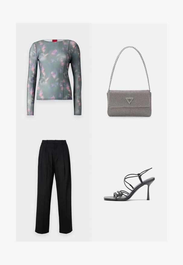 Majica z dolgimi rokavi iz mehkega materiala z zeleno osnovo, ki ima cvetlični vzorec v roza in vijoličnih odtenkih, šivi so obdelani, ima pa tudi okroglo ovratnik.; Črne hlače z krojem po meri, ki se ponašajo z visokim pasom, plitvimi gubami in ravnim krojem. Narejene so iz gladkega blaga z enotno barvo.; Črne visoke sandale na peto imajo tanke naramnice z vozlom, gladek kvadratni toe in eleganten stiletto peto.; Svetlo siva kovinska torbica z verižnim ročajem, okrašena z majhnimi okroglimi kovinskimi bleščicami in trikotnim logotipom blagovne znamke.; Srebrne obročaste uhane z gladko, sijočo površino. Zaobljena oblika, lahka zasnova, z zapiranjem na zatič.