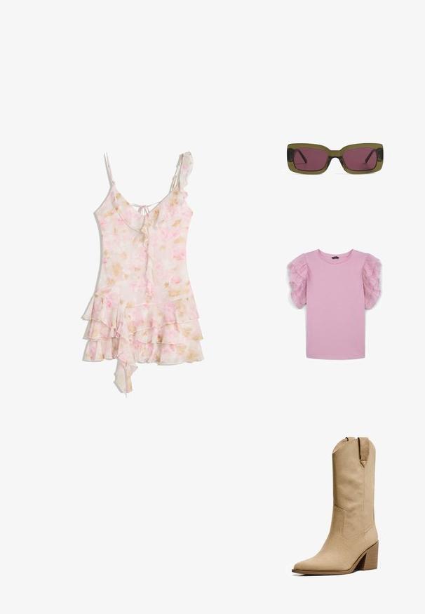 T-shirt rose avec des manches courtes en tissu léger et froncé. Tissu en coton doux. Encolure ras du cou, coupe décontractée et design sans couture.; Robe florale rose clair avec des couches froncées, ourlet asymétrique, fines bretelles et un petit détail de nœud au dos.; Bershka HIGH-HEEL - Bottes de cowboy / motard - beige; Lunettes de soleil rectangulaires avec une monture vert olive et des verres rose profond. La monture présente une finition brillante, tandis que les branches sont élégantes et droites.; Sac à épaule synthétique rose avec une forme courbée, texture lisse, bandoulière en chaîne amovible et un détail de logo circulaire sur le devant.