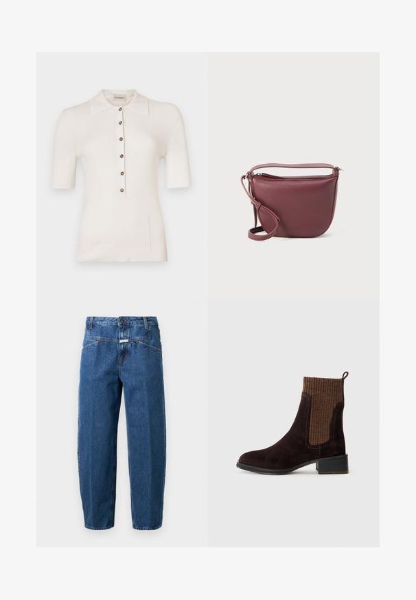 Bijela rebrasta pamučna polo majica kratkih rukava, s dugmadi sprijeda i bočnim prorezima. Ima klasičnu ovratnik i okrugla dugmad.; Traperice u tamnoplavoj boji, s udobnim krojem, dizajnom s pet džepova, šivenim šavovima i kopčanjem na dugme na pojasu.; Smeđe antilop čizme do gležnja s teksturiranim smeškim rebrastim gornjim delom, glatkom završnom obradom, niskim blok petom i rupicom na peti za lakše obuvanje.; Burgundska kožna torba preko ramena s teksturiranom površinom, zatvaranjem na zip, podesivim remenom i zaobljenim oblikom, dimenzijama otprilike srednje veličine.