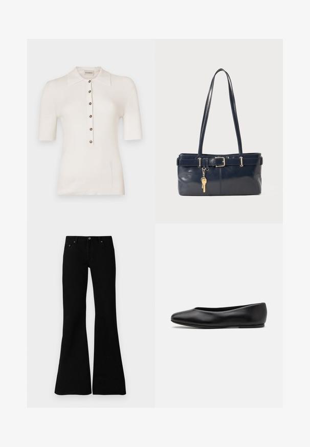 Weißes, geripptes Strick-Polohemd mit kurzen Ärmeln, Knopfleiste und seitlichen Schlitzen. Mit klassischem Kragen und runden Knöpfen.; Schwarze Bootcut-Jeans aus Denim, die über ein klassisches Fünf-Taschen-Design, einen Knopfverschluss und dezente Nähte entlang der Säume verfügen.; Paul Smith TOPANGA - Klassischer Ballerina - black; Marineblaue Lederhandtasche mit zwei langen Griffen, einer Schnallen-Detailierung und einem daran befestigten Schlüsselanhänger. Besitzt eine glatte Textur und eine rechteckige Form.