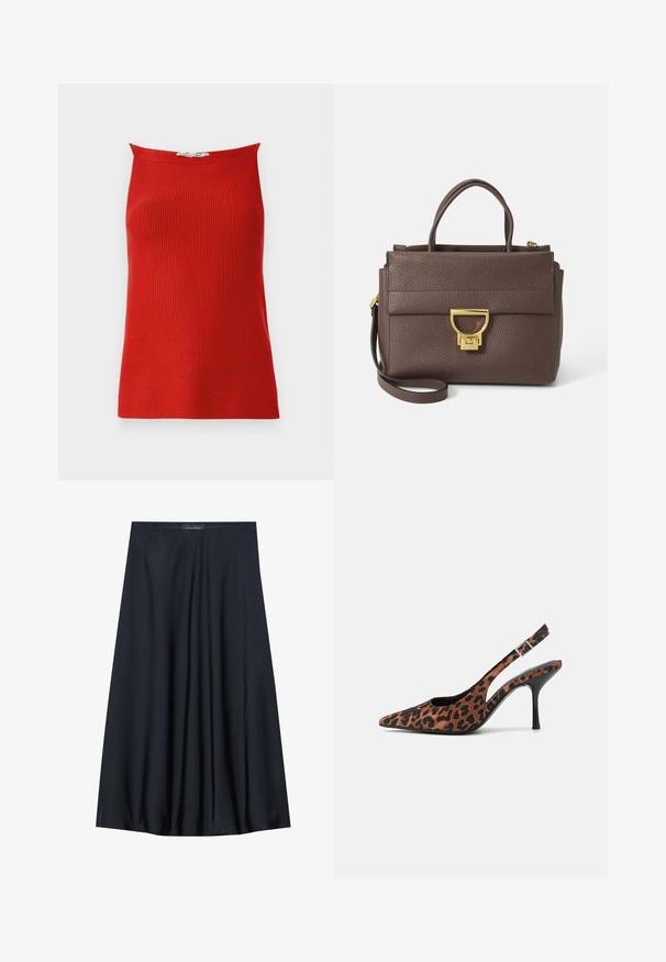 Crvena rebrasta majica bez rukava s ravnim izrezom i prilagođenim siluetom, izrađena od glatkog materijala. Nema vidljivih kopči ili uzoraka.; Crna suknja do koljena izrađena od lagane tkanine s lepršavim dizajnom. Ima glatku teksturu i suptilne plisirane detalje.; Slingback visoke potpetice s uzorkom leoparda, šiljatog vrha, crnim sjajnim potpeticom i podesivim remenom oko gležnja. Mekani materijal s teksturiranom završnom obradom.; Smeđa kožna torba s teksturiranom površinom, zlatnim hardverom, gornjim ručkama i odvojivim remenom za rame; ima prednji preklop s kopčom.; Zlatni pravokutni ručni sat s bijelim brojčanikom, srebrnim oznakama sati i dugotrajnom metalnom narukvicom. Uključena značajka vodootpornosti.