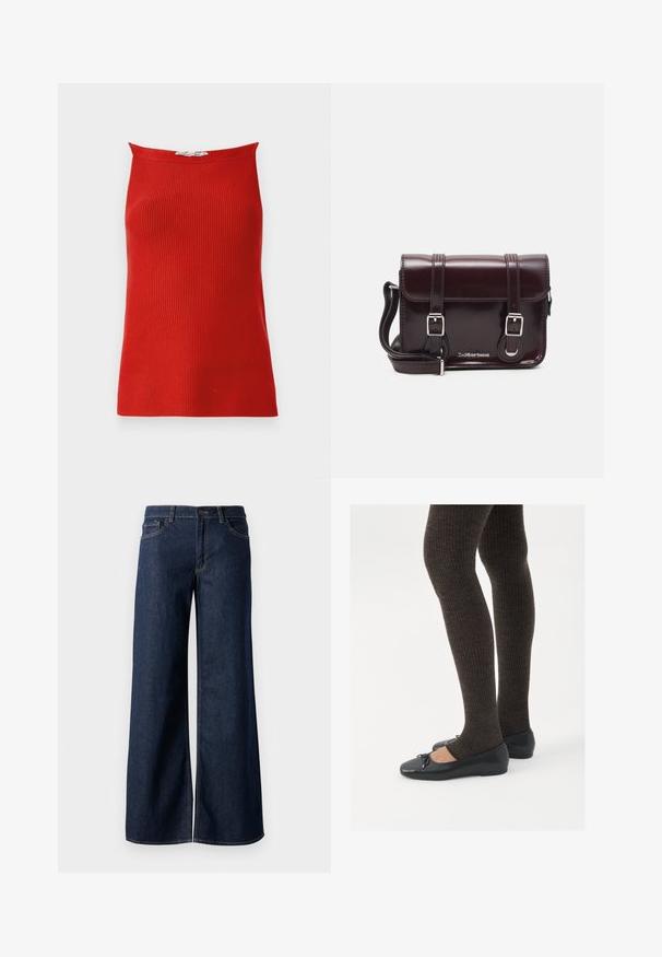 Top roșu cu bretele, cu gât drept și siluetă ajustată, dintr-un material neted. Fără închideri vizibile sau modele.; Jeanși cu picioare largi din denim albastru închis. Prezintă cusături contrastante, cinci buzunare și o închidere cu nasture la talie. Textură netedă.; Pantofi negri cu un detaliu mic de fundiță la vârf, asortați cu colanți maro închis, cu textură ondulată. Pantofii au o textură netedă și un profil joase.; Geantă crossbody din piele lac burgundă, cu formă rectangulară, două curele, accesorii din argint și închidere cu clapetă.
