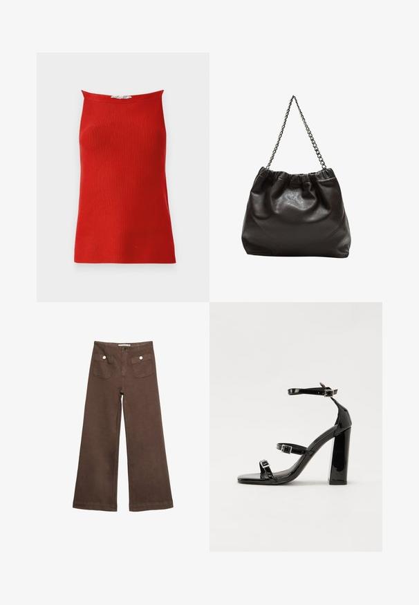 Rød ribbet tanktop med lige halsudskæring og tætsiddende silhuet, lavet af glat stof. Ingen synlige lukninger eller mønstre.; Brune bredbenede bukser lavet af bomuld, med to forlommer med sølvknapper og en glat tekstur.; Sorte patenterede hælsandaler med firkantet tå, ankelremme og sølvspænder. Har en chunky blokHæl for stabilitet.; Brun lædertaske med en rynket top og en kædestrop. Glat tekstur med en blank finish og subtile sømdetaljer på siderne.