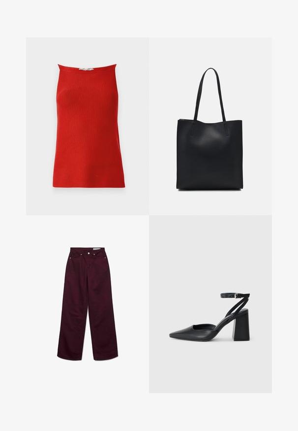 Top sin mangas de canalé rojo con cuello recto y silueta ajustada, hecho de una tela suave. Sin cierres ni patrones visibles.; Vaqueros de pierna ancha burdeos hechos de algodón, con una cintura alta, cinco bolsillos y herrajes metálicos. Textura suave y color sólido.; Zapato de tacón puntiagudo de cuero negro con tira en el tobillo y tacón ancho. Textura plana, diseño elegante y estética minimalista.; Bolso tote de cuero negro con textura lisa, forma rectangular y dos asas largas. Sin herrajes ni adornos visibles.