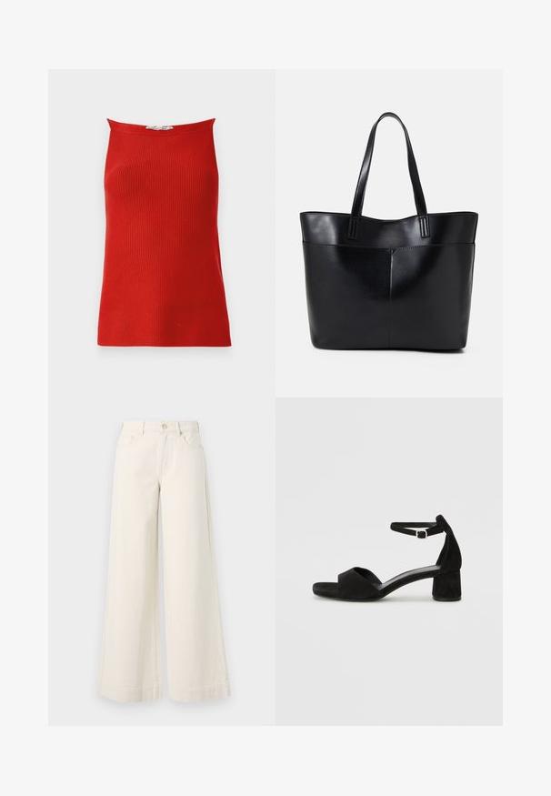 Top roșu cu bretele, cu gât drept și siluetă ajustată, dintr-un material neted. Fără închideri vizibile sau modele.; Pantaloni din denim bej deschis, cu talie înaltă, cu picioare largi, două buzunare frontale, închidere cu buton și detalii subtile de cusătură.; Sandale cu toc din suede negru, cu o curea subțire la gleznă, design cu vârful deschis și un toc modest de tip bloc. Textură netedă și accente minime.; Geantă oversized din piele neagră, cu două mânere lungi, de textură netedă și formă structurată. Are un buzunar frontal pentru stocare suplimentară.