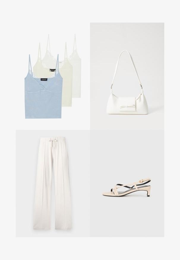 Három topp: világoskék, krémszínű és fehér. Puha anyagból készült, csipke díszítéssel a nyakvonalon és vékony, állítható pántokkal.; Világos bézs színű, puha anyagból készült melegítőnadrág, állítható derékkal, széles lábakkal és függőleges varratokkal, sima felülettel.; Beige bőr női szandál, keresztpántos kialakítással, alacsony sarokkal és fekete kiegészítőkkel. Simogató tapintás és minimál stílus.; Fehér szintetikus kézitáska, háromszög alakú, lapos előlap, masni részlettel, állítható pánttal, sima textúrával és minimalista dizájnnal.