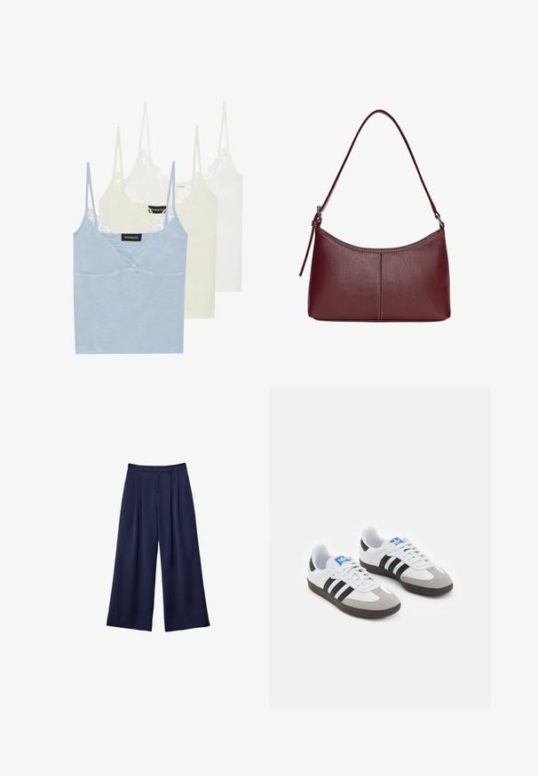 Tričko s tenkými ramienkami: svetlomodré, krémové a biele. Vyrobené z jemného materiálu s čipkovým lemovaním pozdĺž výstrihu a tenkými nastaviteľnými ramienkami.; Námornícky modré široké nohavice s pukmi, zapínaním na gombík a pútkami na opasok, zobrazené ležiace na bielom pozadí.; Športové topánky s bielym koženým zvrškom, šedou semišovou špičkou a tromi čiernymi pruhmi. Obsahujú modré logo na jazyku a štruktúrovanú gumovú podrážku.; Bordová kožená kabelka s zakriveným tvarom, s jedným ramenným popruhom a prešitými detailmi v strede. Hladký povrch, minimalistické príslušenstvo.